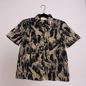 coreylynncalter womens xs short sleeve button down giraffe print black tan shirt